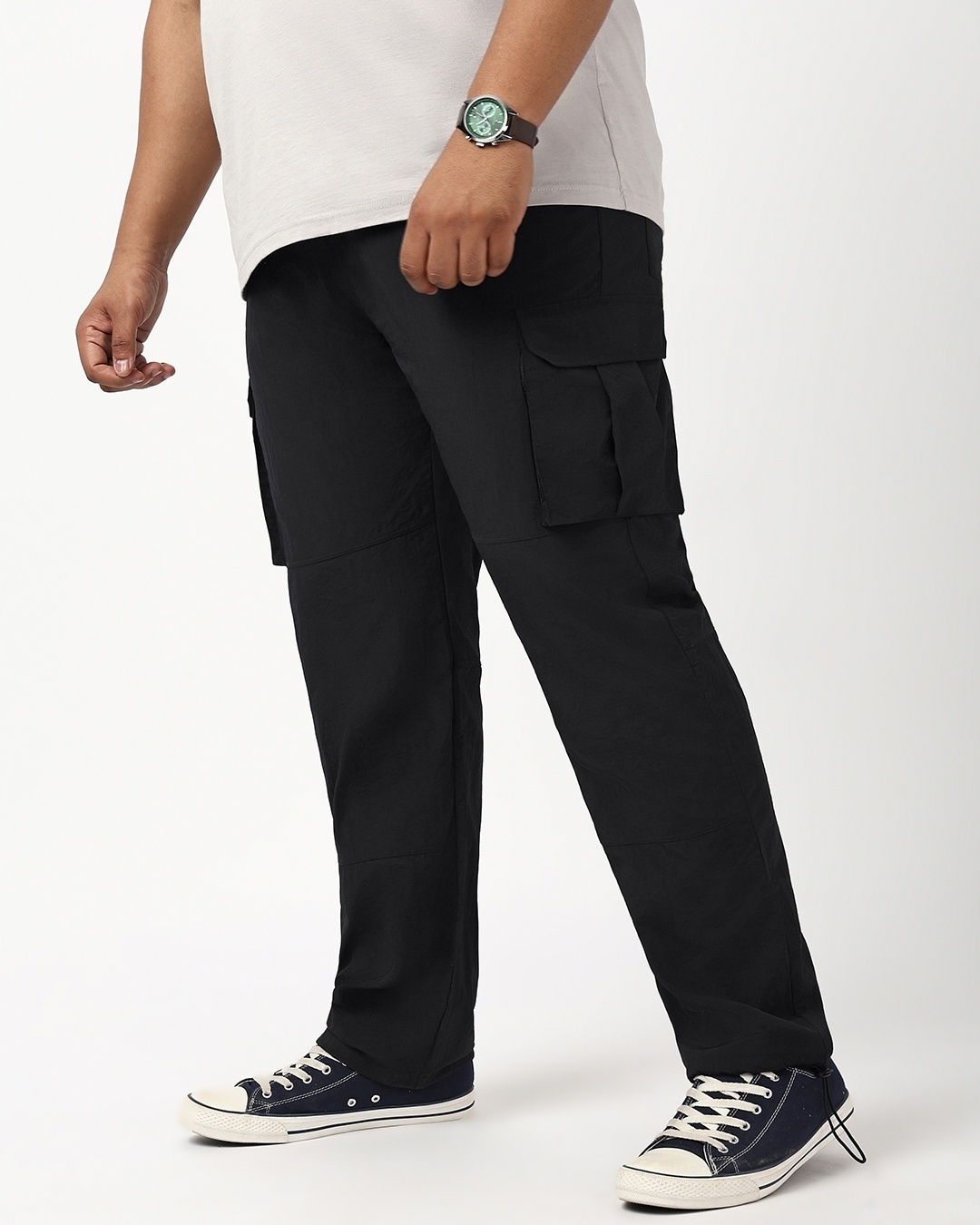 Shop Men's Jet Black Plus Size Nylon Cargo Parachute Pants-Back