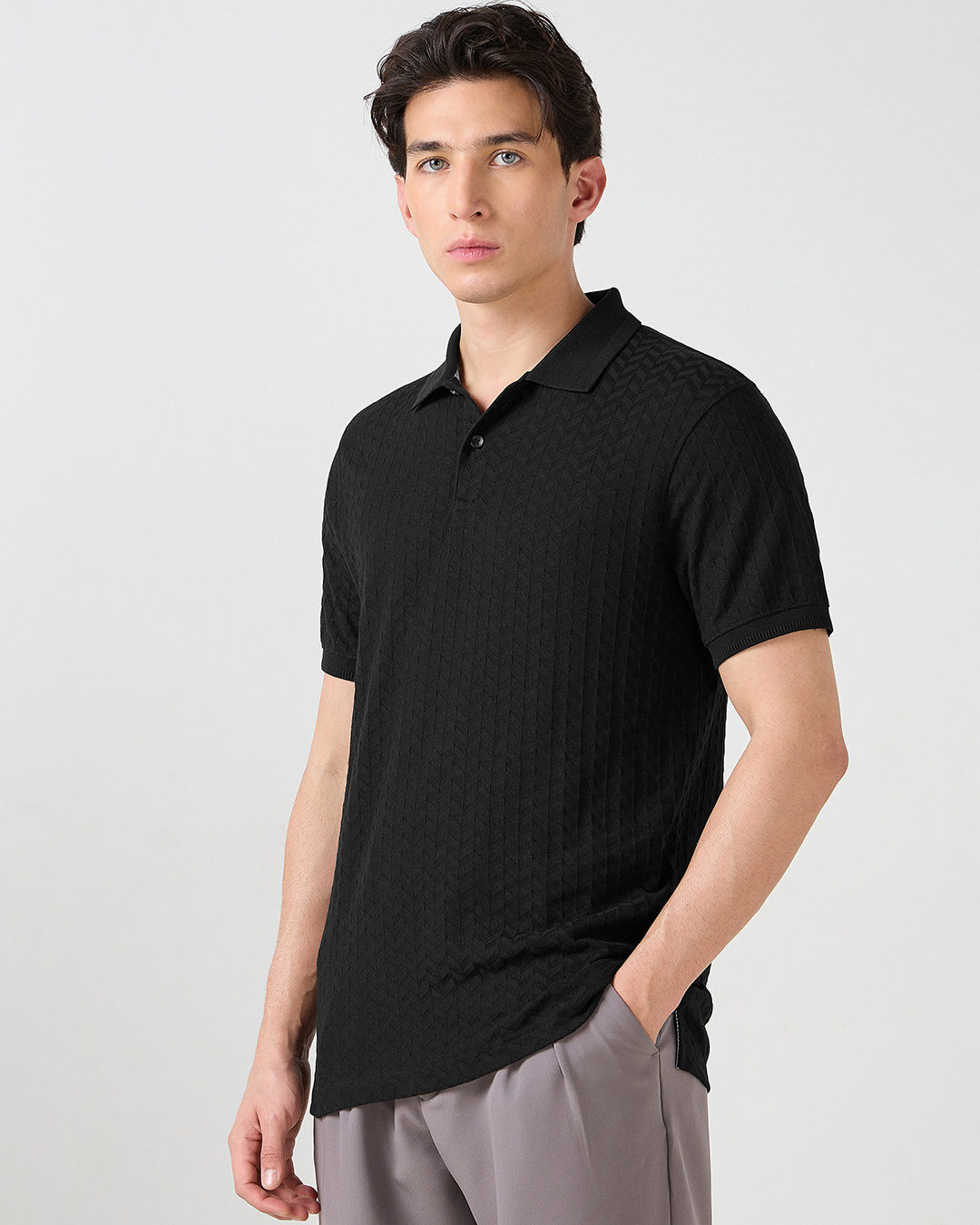 Shop Men's Jet Black Textured Korean Polo T-shirt-Back