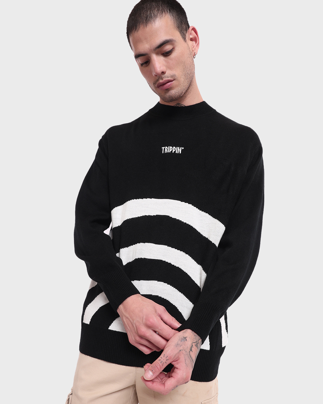 Buy Men's Jet Black Trippin Striped Oversized Sweater Online at Bewakoof