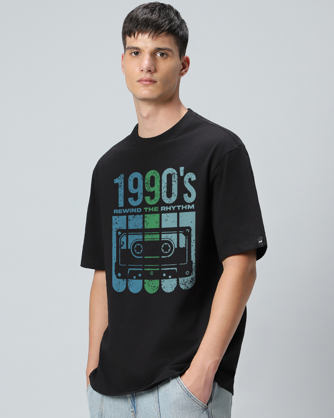 Shop Men's Jet Black Rewind The Rythm Graphic Printed Oversized T-shirt-Back