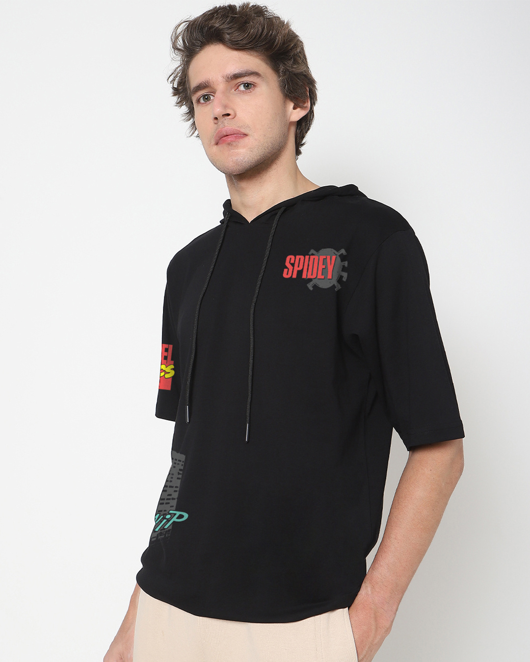 Shop Men's Jet Black Spidey Graphic Printed Oversized Hoodie T-shirt-Back