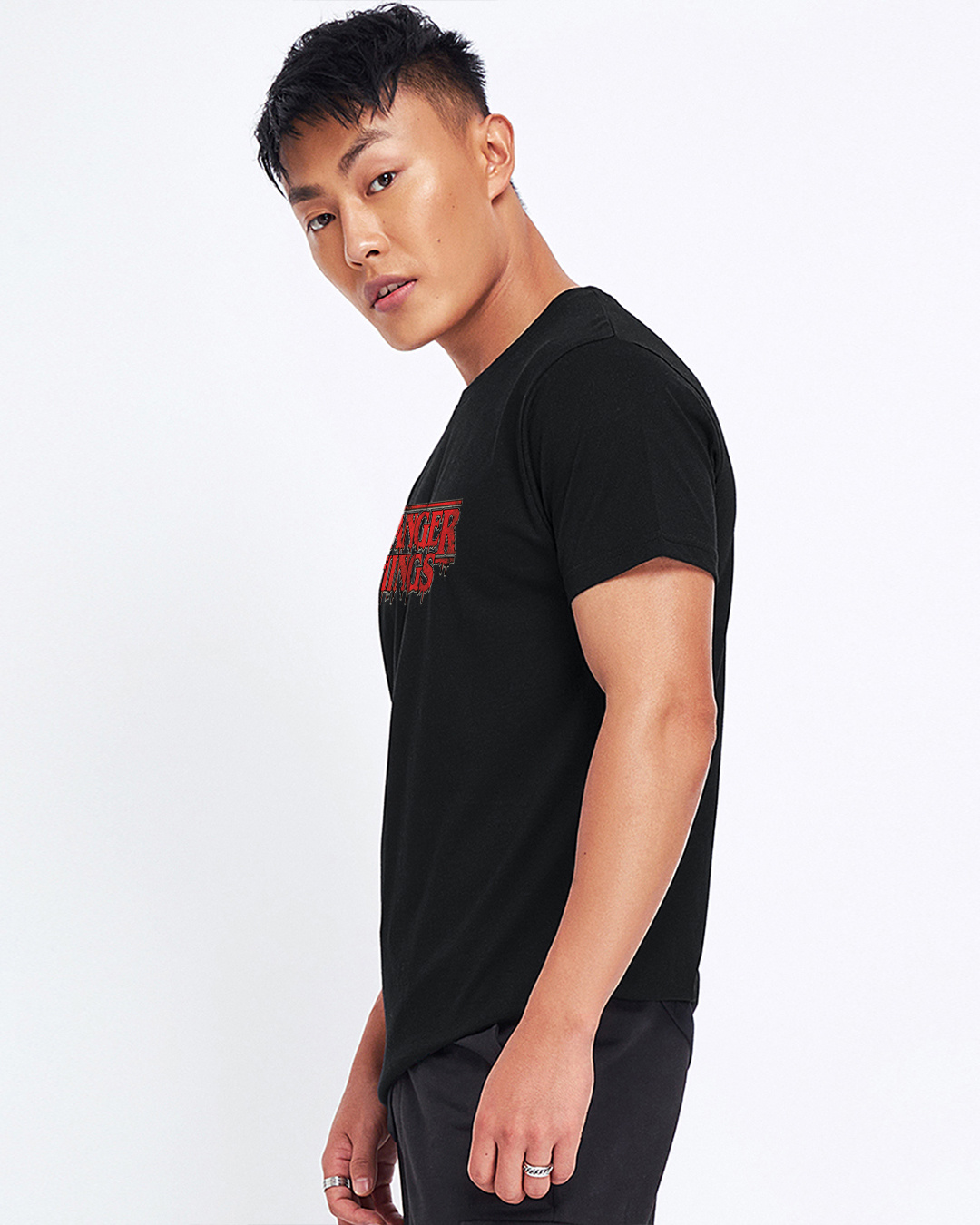 Shop Men's Jet Black Stranger Things Typography T-shirt-Back