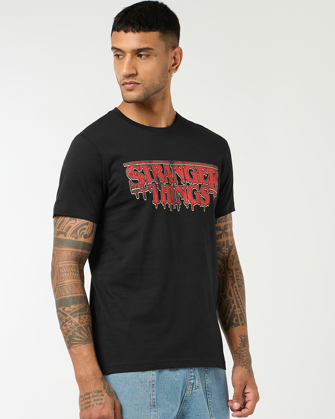 Shop Men's Jet Black Stranger Things Typography T-shirt-Back
