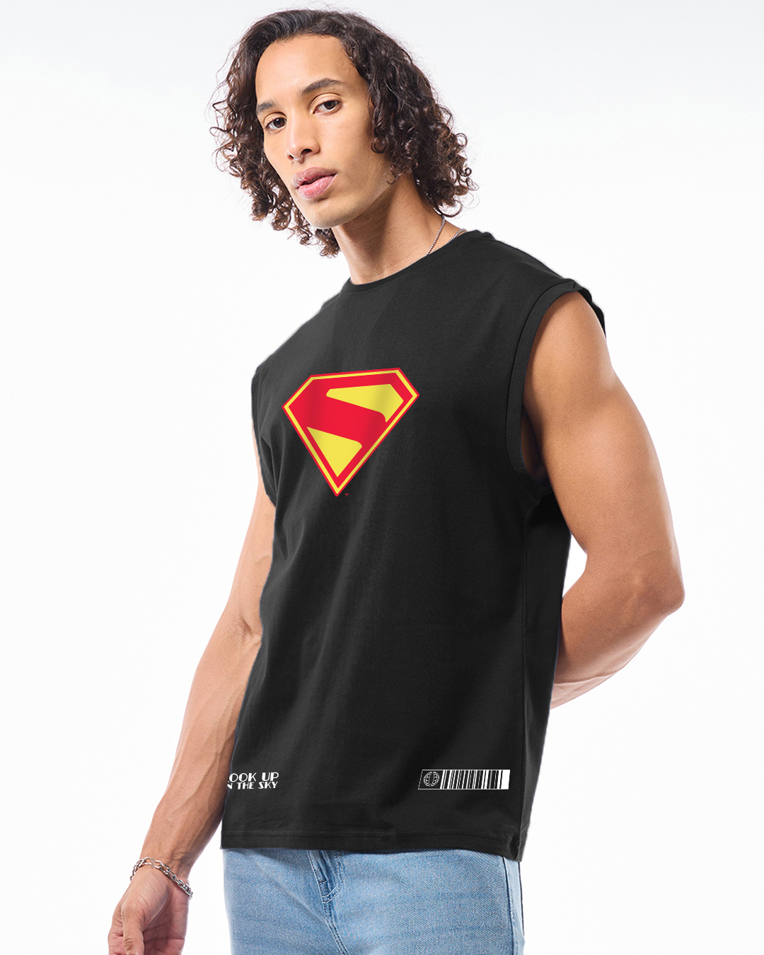 Shop Men's Jet Black Superman Logo Graphic Printed Oversized Vest-Back