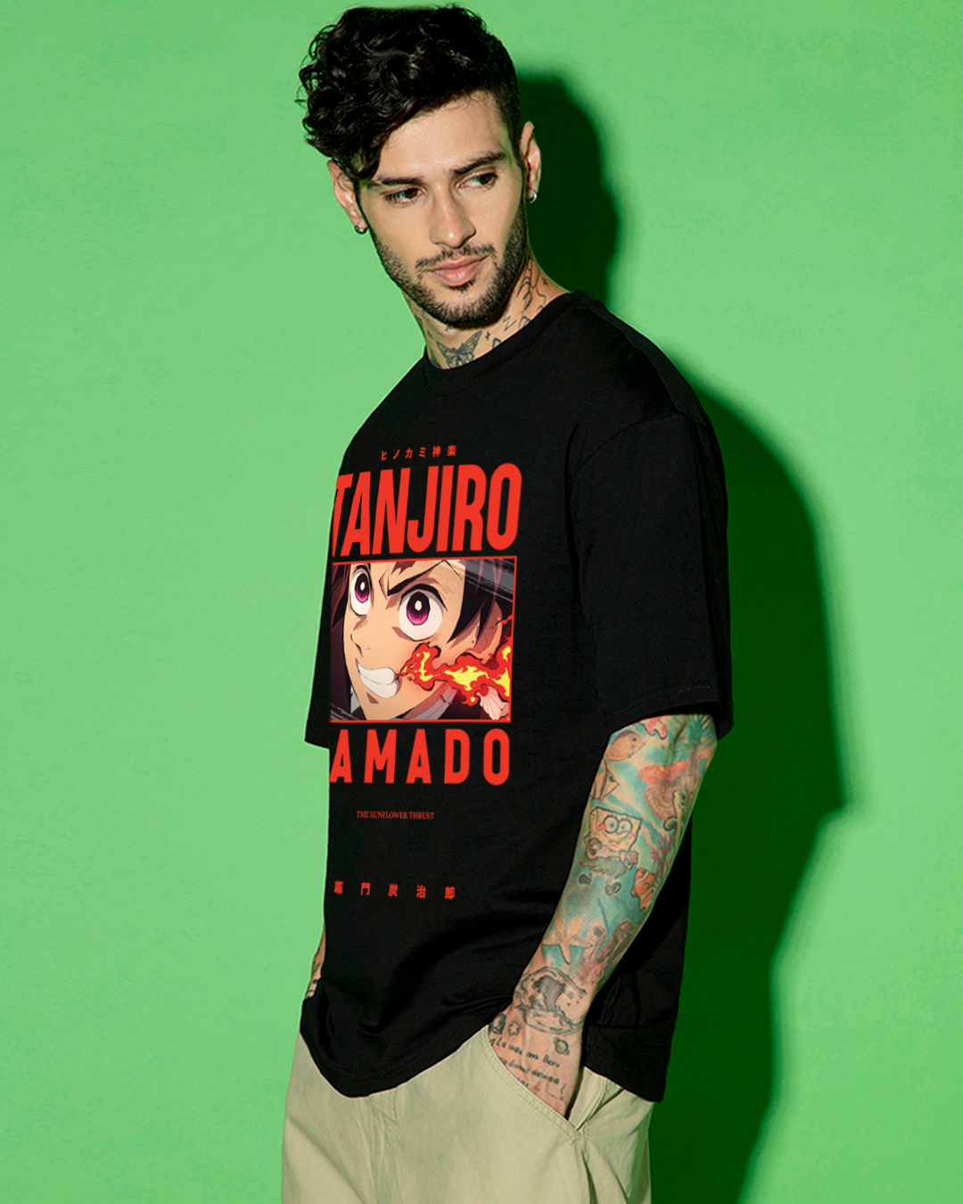 Shop Men's Jet Black Tanjiro Fire Breathing Graphic Printed Oversized T-shirt-Back