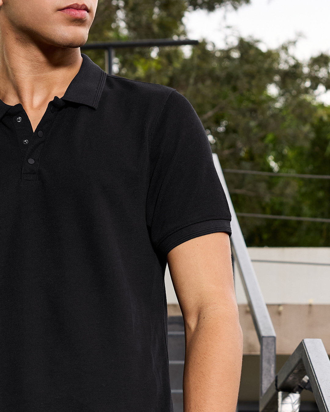 Shop Men's Jet Black Textured Polo T-shirt-Back