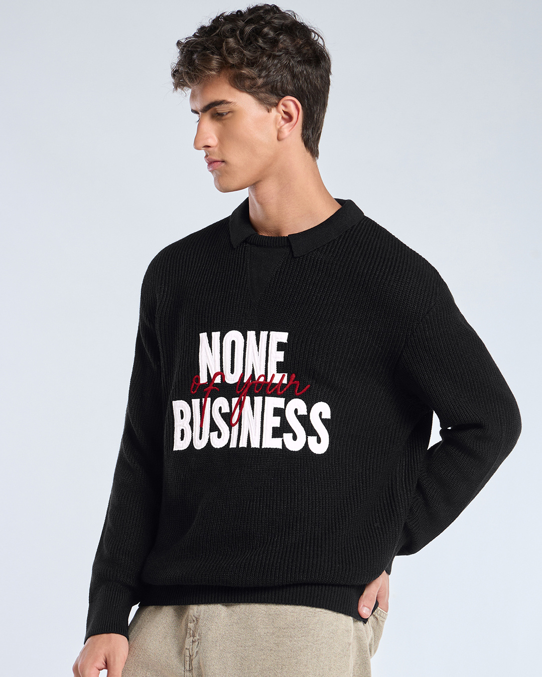 Shop Men's Jet Black Typography Oversized Polo Sweater-Back