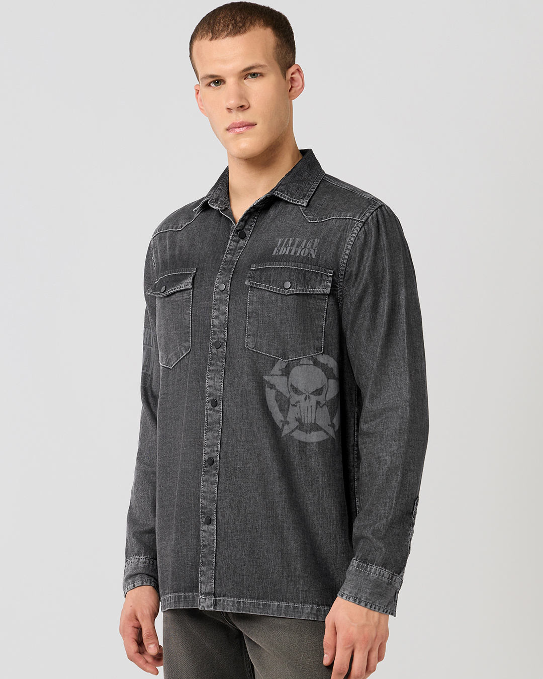 Shop Men's Jet Black Punisher Washed Denim Shirt-Back