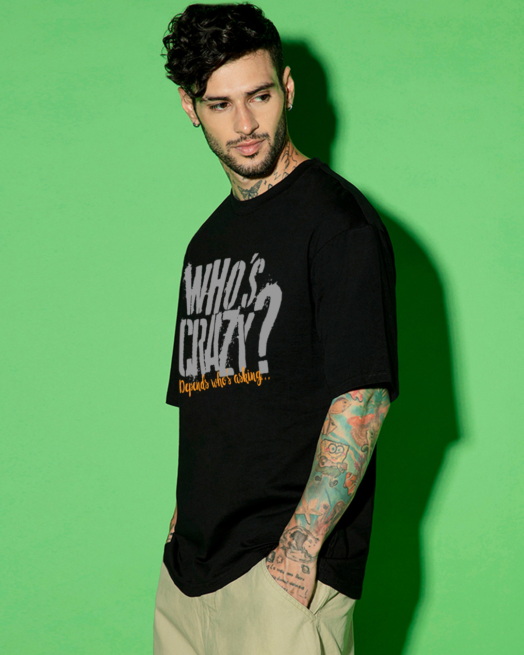 Shop Men's Jet Black Who Is Crazy Typography Oversized T-shirt-Back