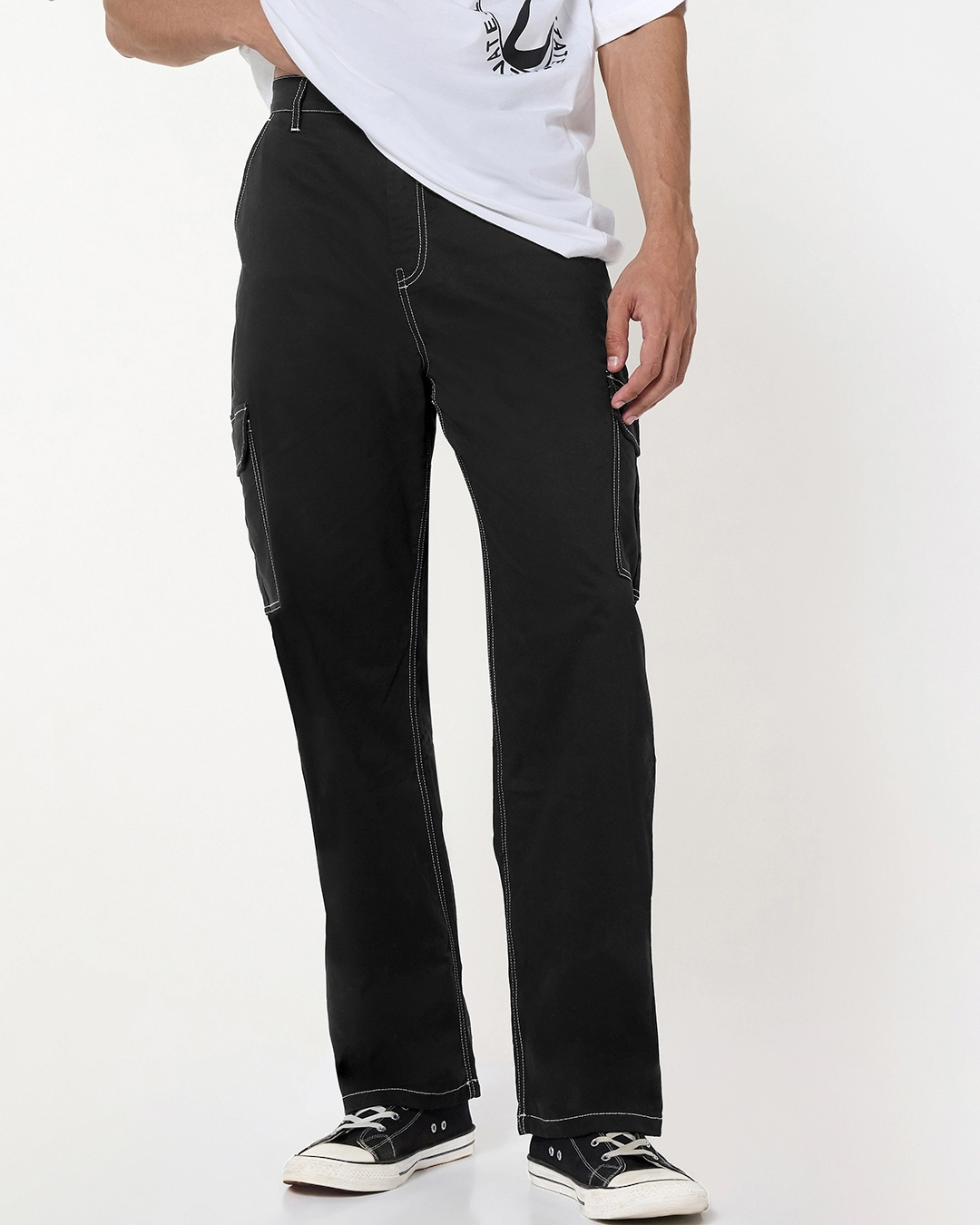 Shop Men's Jet Black Wide Leg Cargo Pants-Back