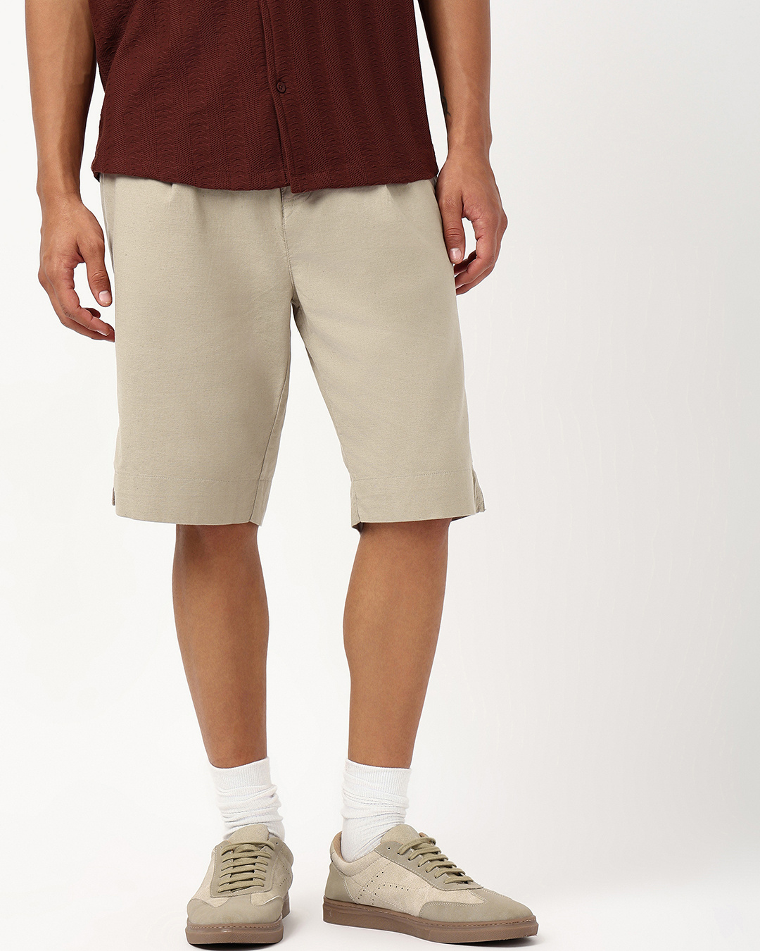 Shop Men's Khaki Brown Oversized Cotton Linen Shorts-Back