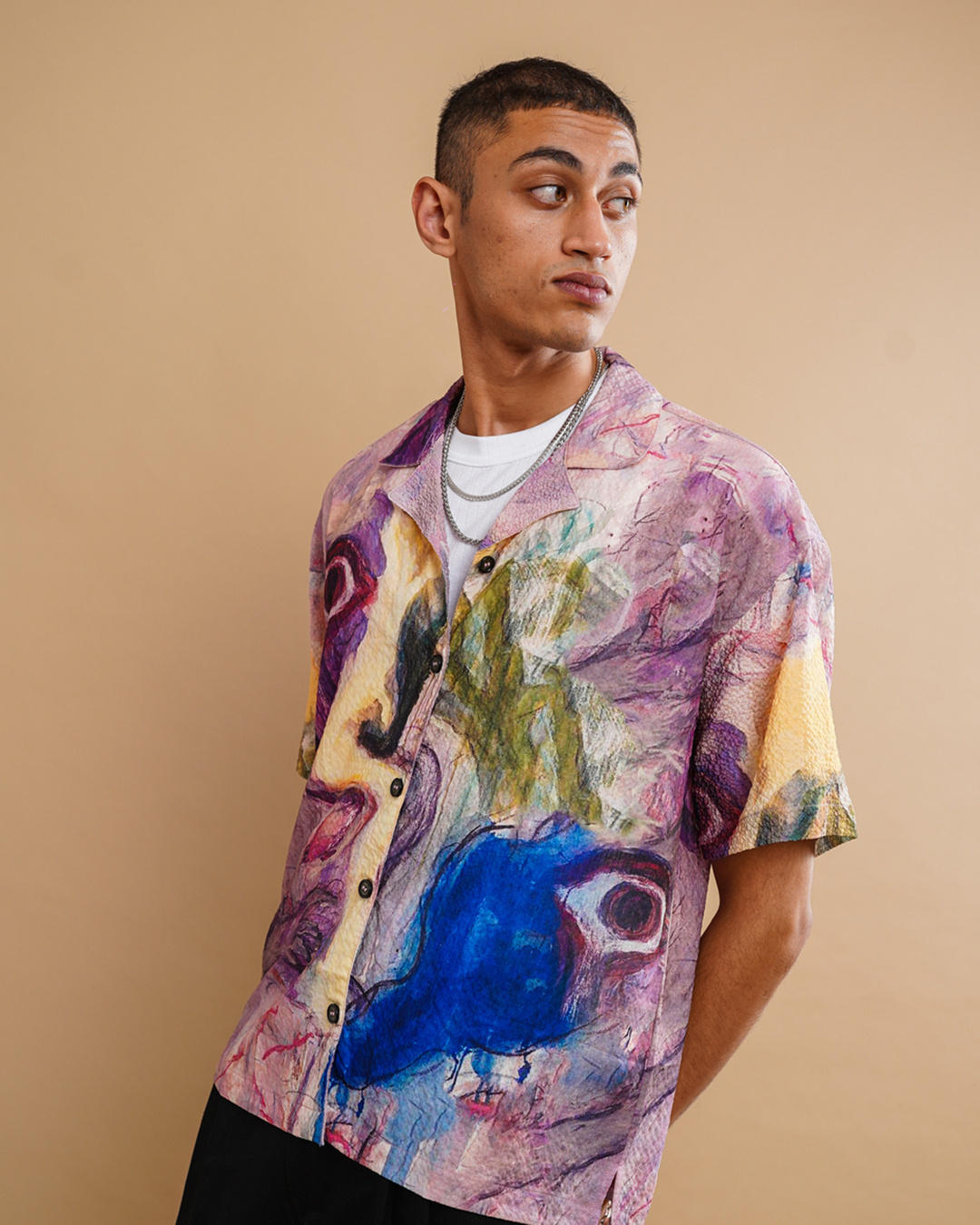 Shop Men's Lavender Face Art Printed Oversized Shirt-Back