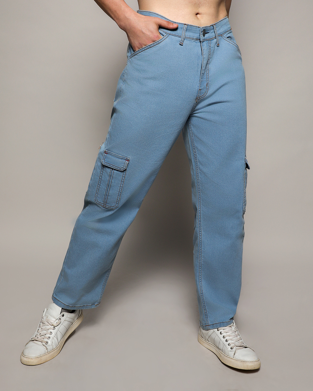 Shop Men's Light Blue Relaxed Fit Cargo Jeans-Back