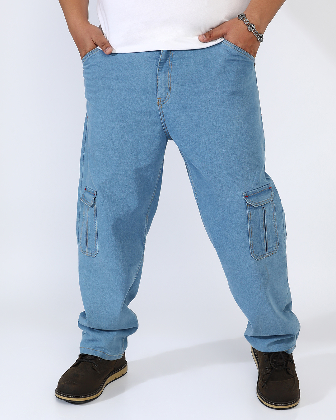 Shop Men's Light Blue Oversized Plus Size Cargo Jeans-Back