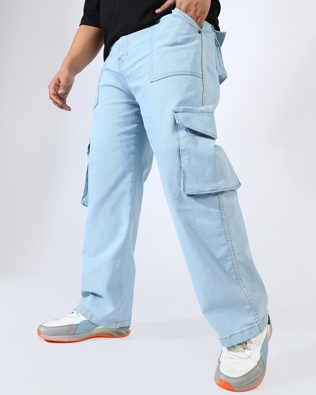 Shop Men's Light Blue Oversized Plus Size Cargo Jeans-Back