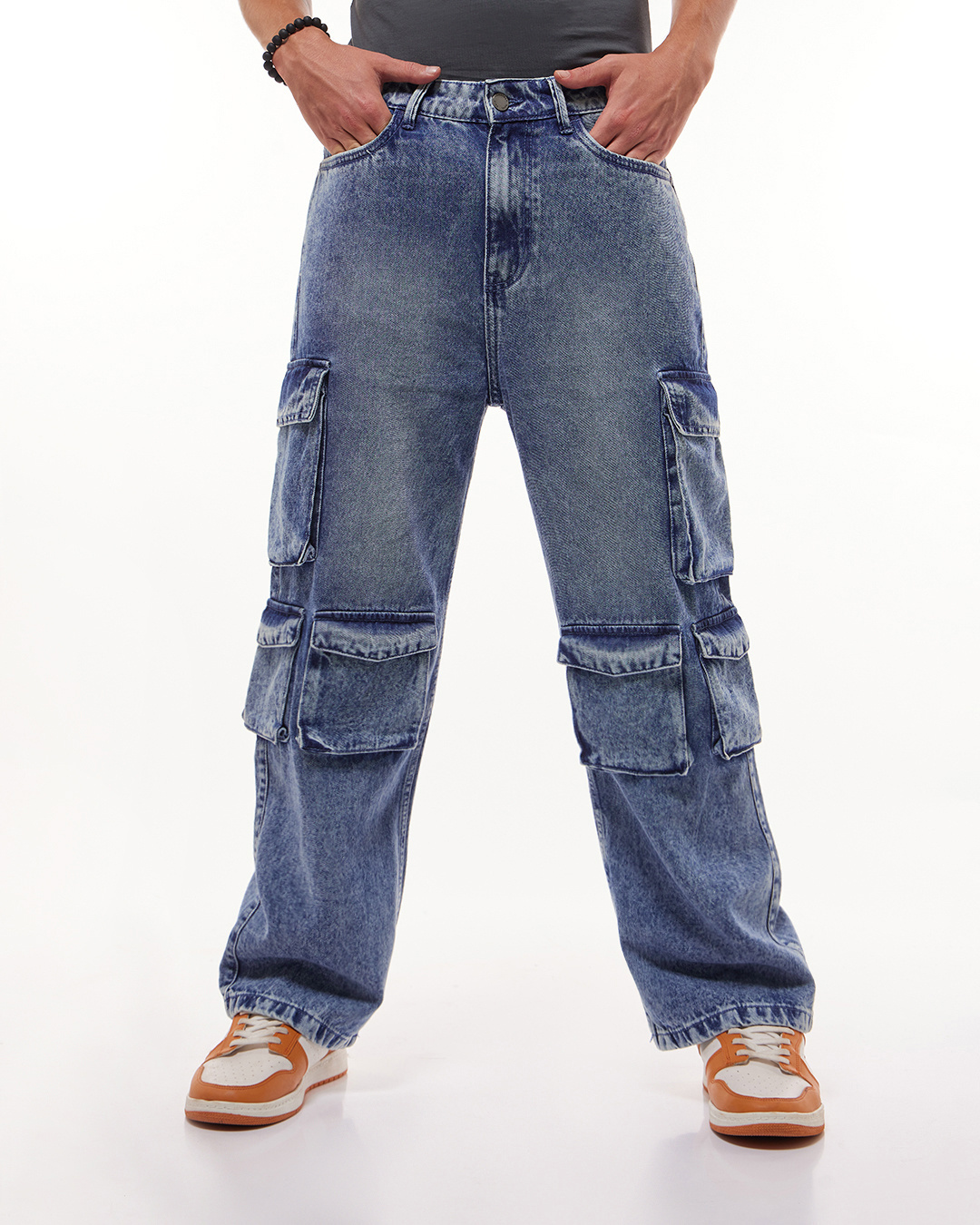 Shop Men's Light Blue Washed Straight Fit Cargo Jeans-Back