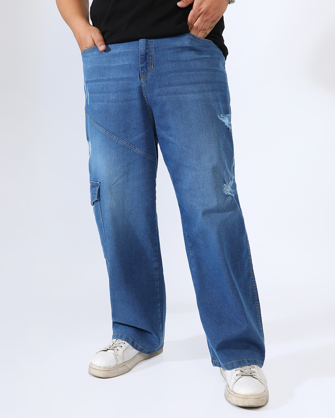 Shop Men's Light Blue Washed Oversized Plus Size Distressed Cargo Jeans-Back