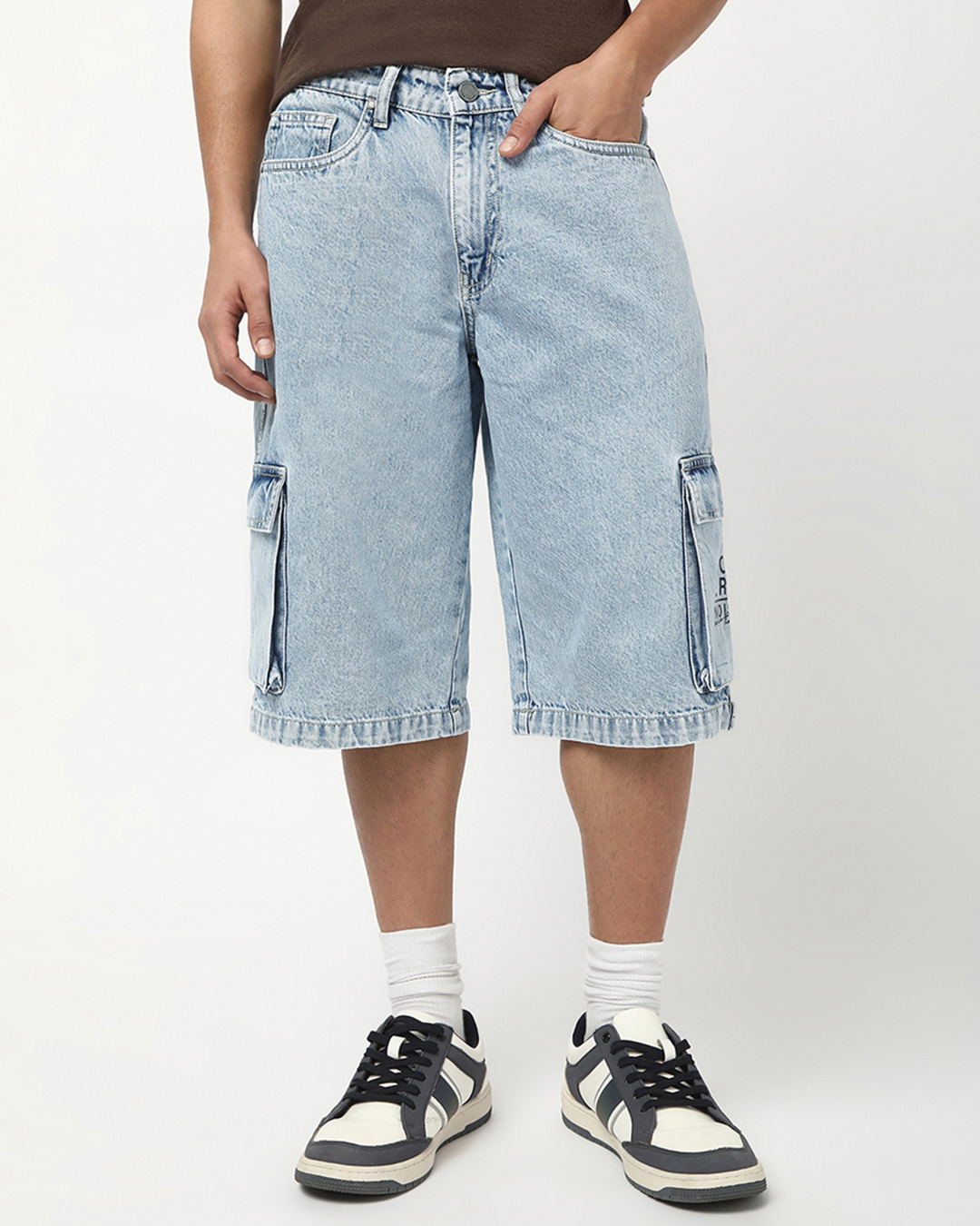 Shop Men's Light Blue Washed Straight Fit Cargo Shorts-Back