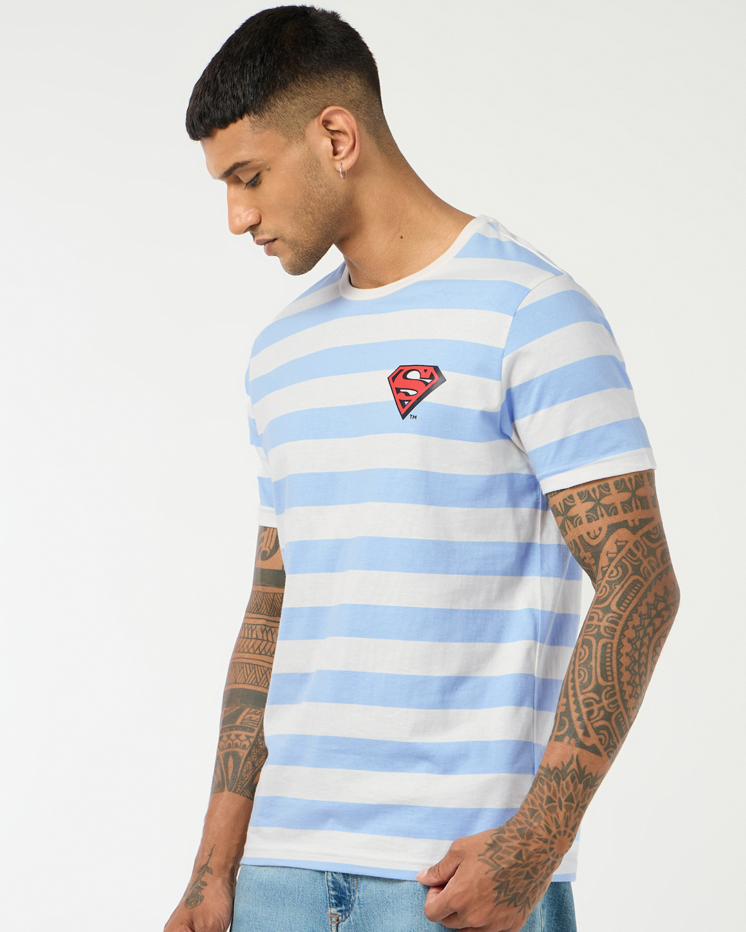 Shop Men's Light Blue & White Striped T-shirt-Back