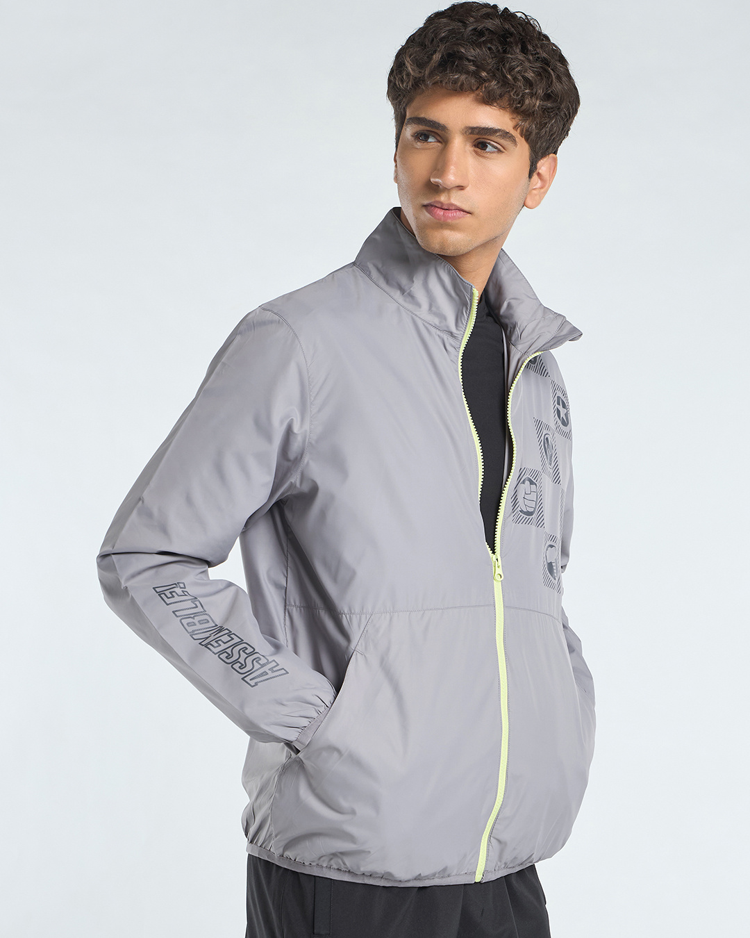 Shop Men's Light Grey Assemble Graphic Printed Wind Cheater Jacket-Back
