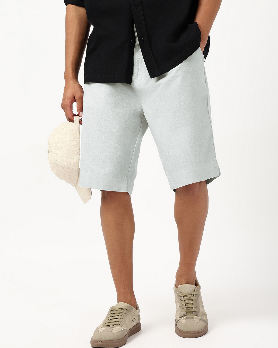 Shop Men's Light Grey Oversized Cotton Linen Shorts-Back