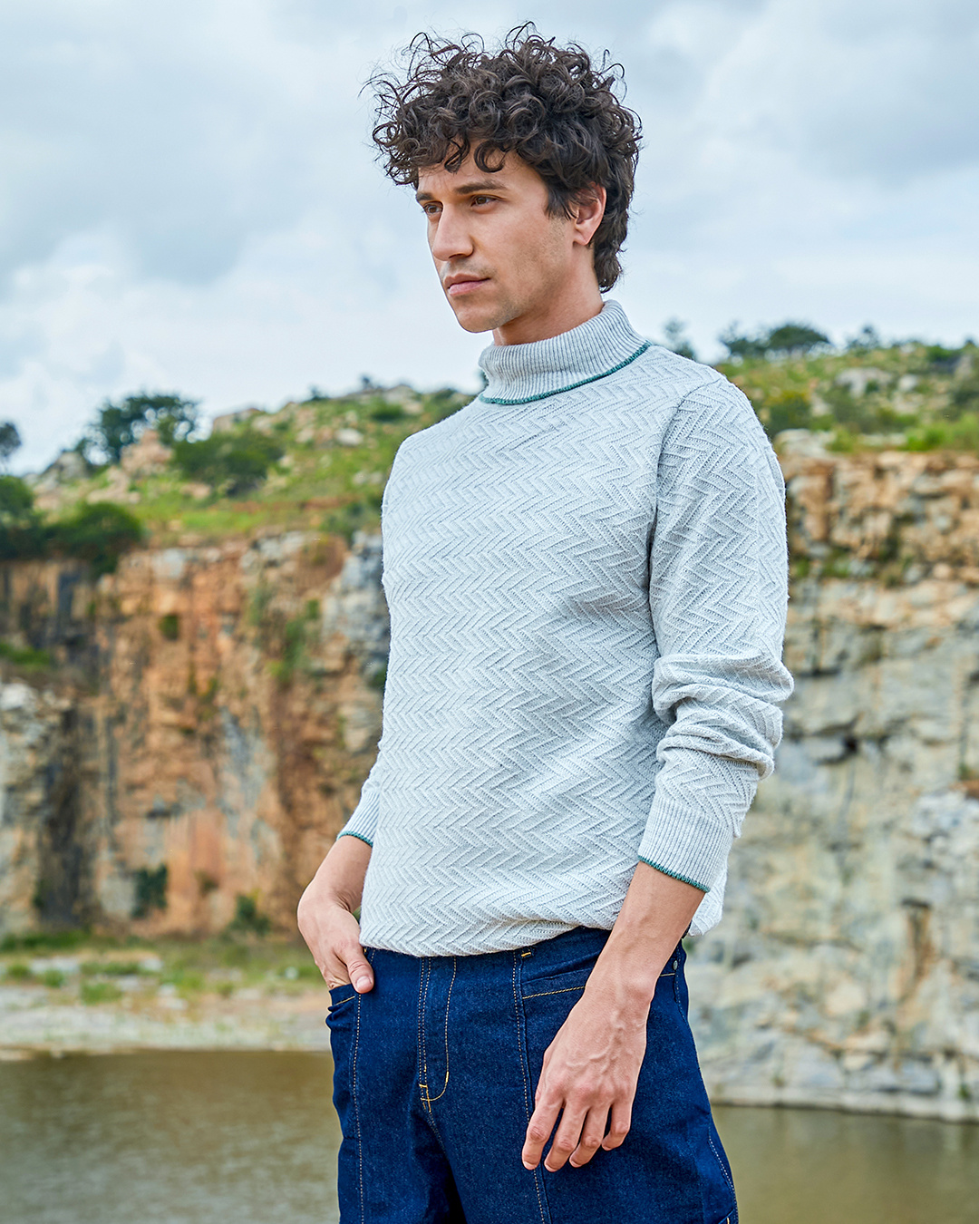 Shop Men's Light Grey Textured Sweater-Back