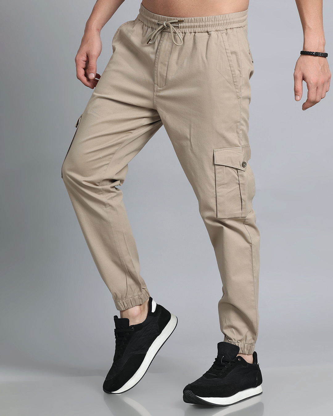 Shop Men's Light Khaki Slim Fit Cargo Joggers-Back