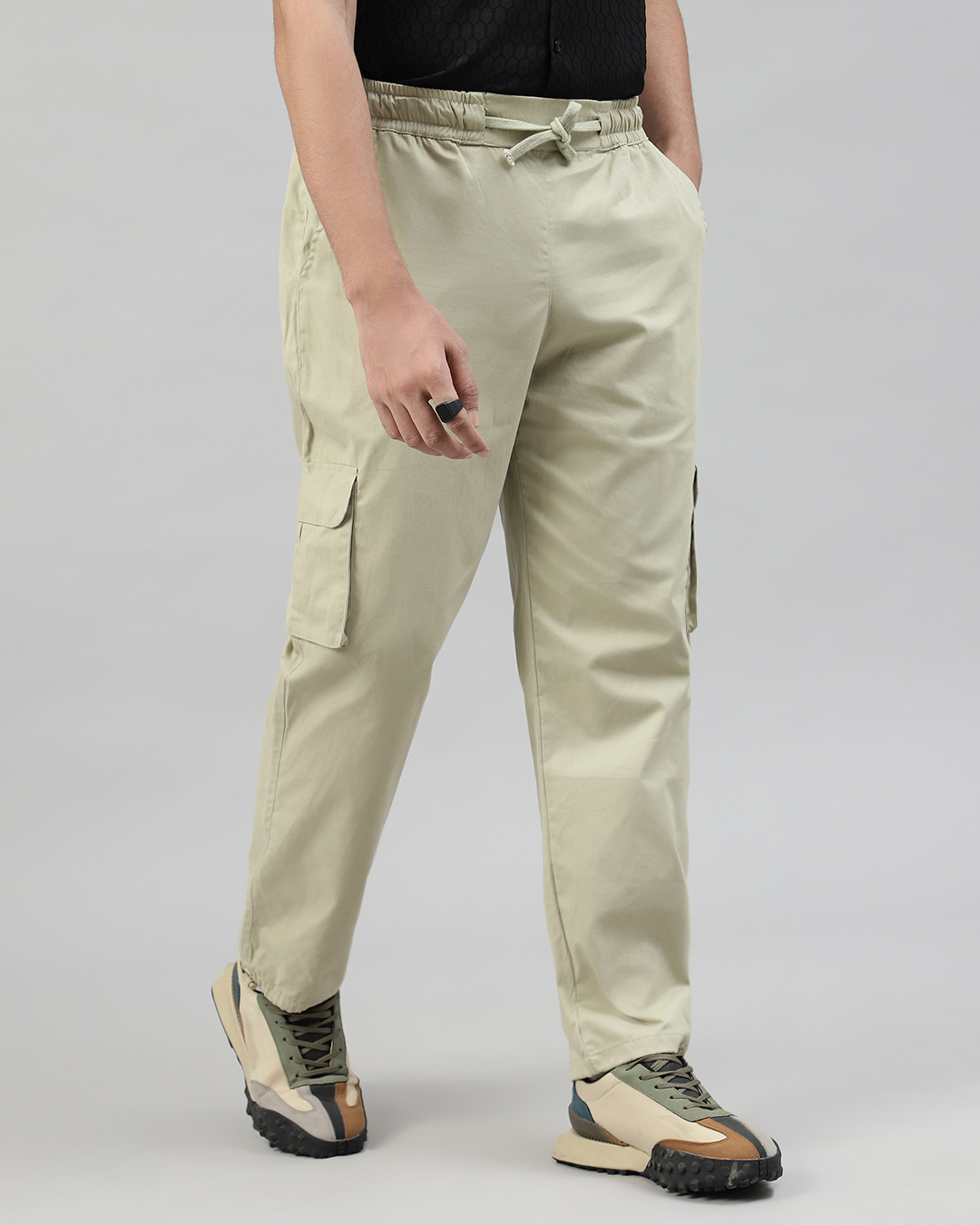 Shop Men's Light Olive Green Loose Comfort Fit Cargo Parachute Pants-Back