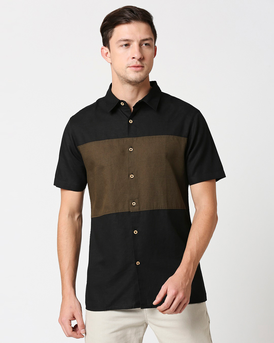 Shop Men's Black & Olive Color Block Shirt-Back