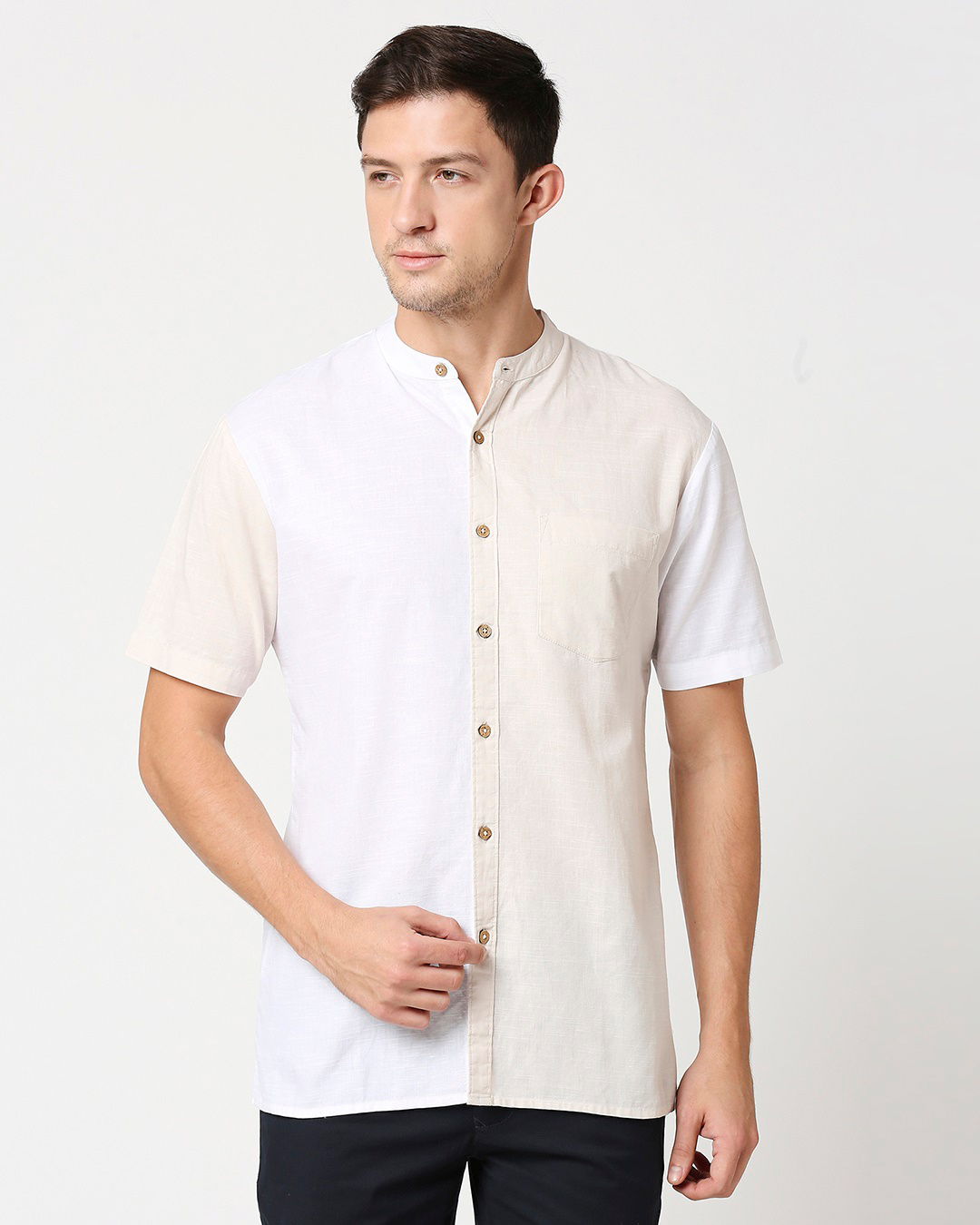 Shop Men's Linen Color Block Half Sleeves Shirt-Back