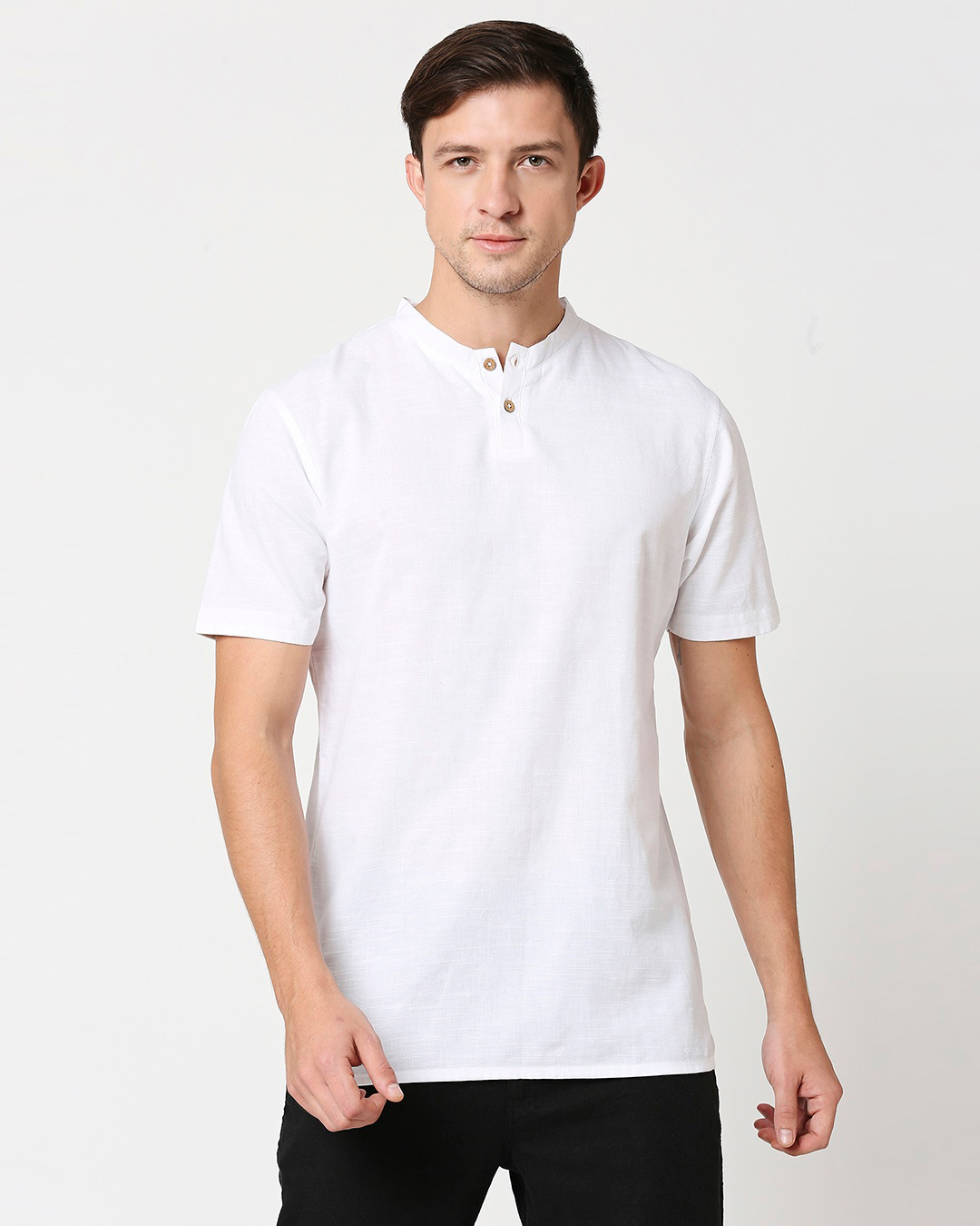 Shop Men's White Linen Henley Neck Relaxed Fit Casual T-shirt-Back