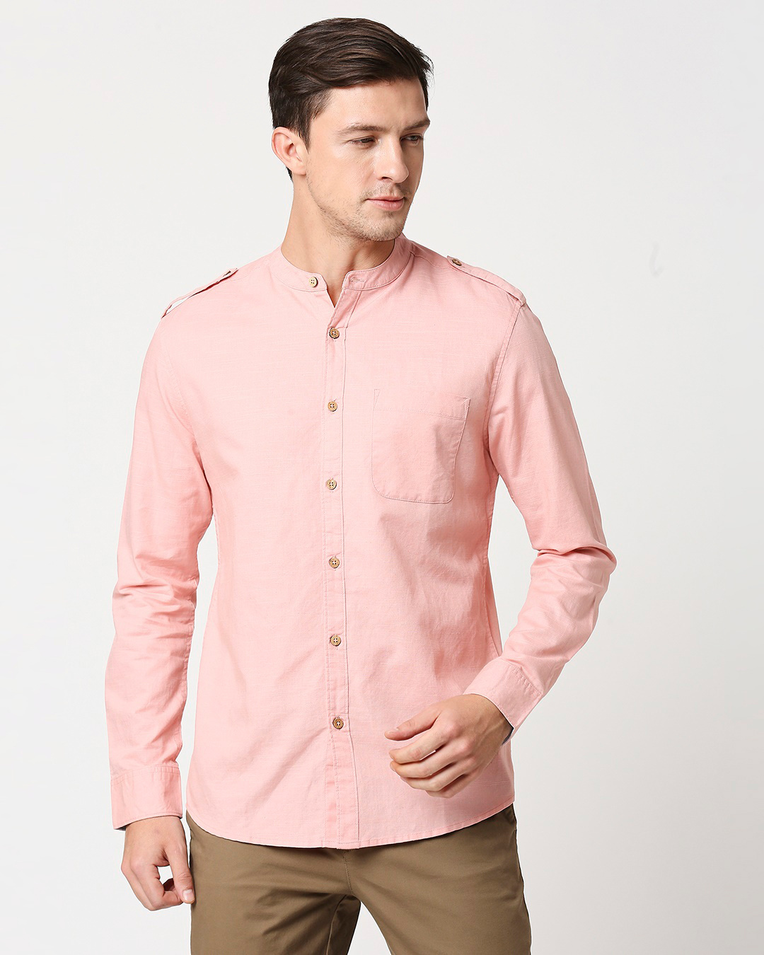 Shop Men's Linen Mandarin Collar Pocket Full Sleeves Shirt-Back