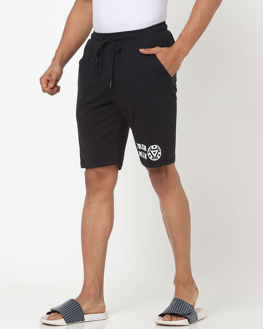 Shop Men's Black Iron Man Typography Lounge Shorts-Back