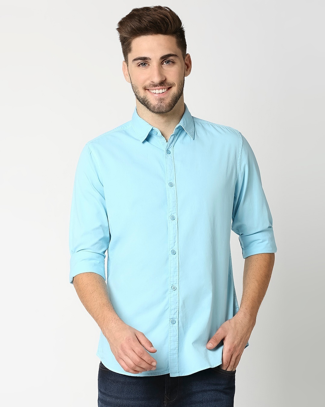 Shop Men's Lt Blue Casual Slim Fit Over Dyed Shirt-Back