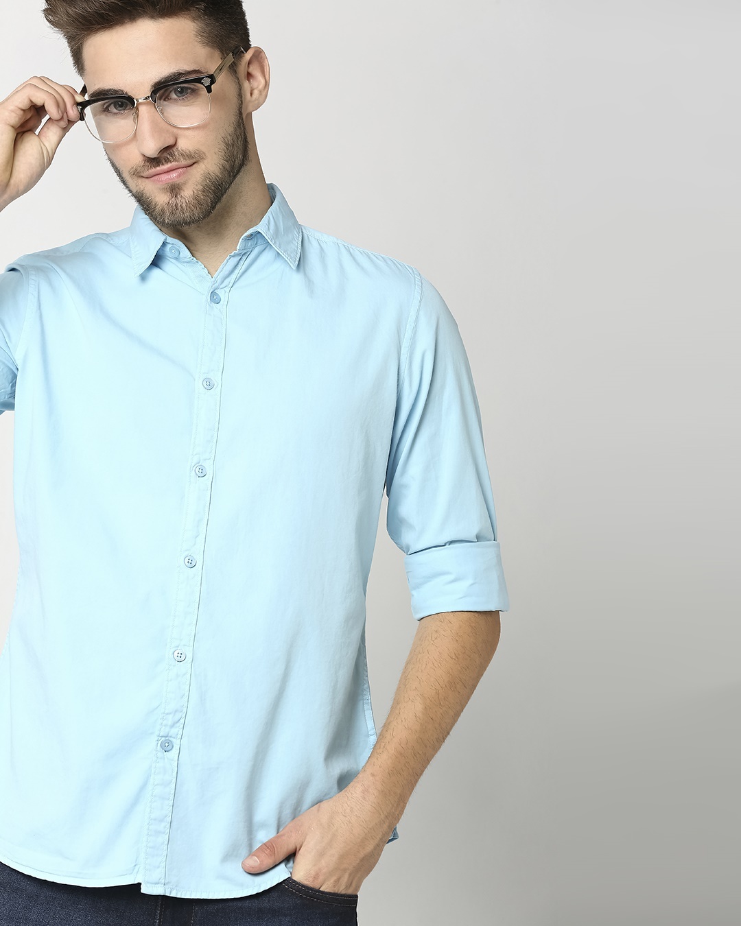 Men's Lt Blue Casual Slim Fit Over Dyed Shirts