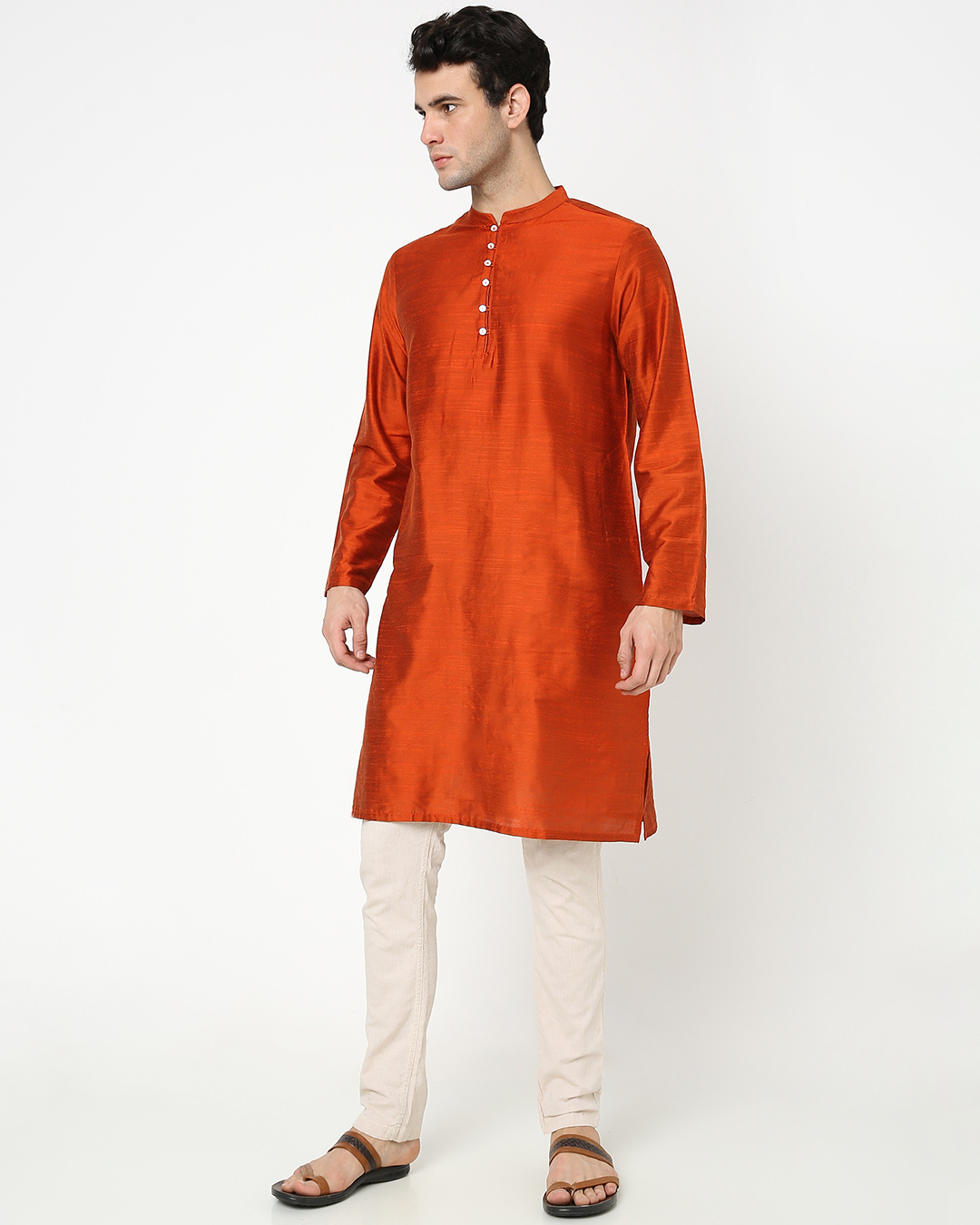 Shop Men's Orange Mandarin Collar Relaxed Fit Festive Long Kurta-Back