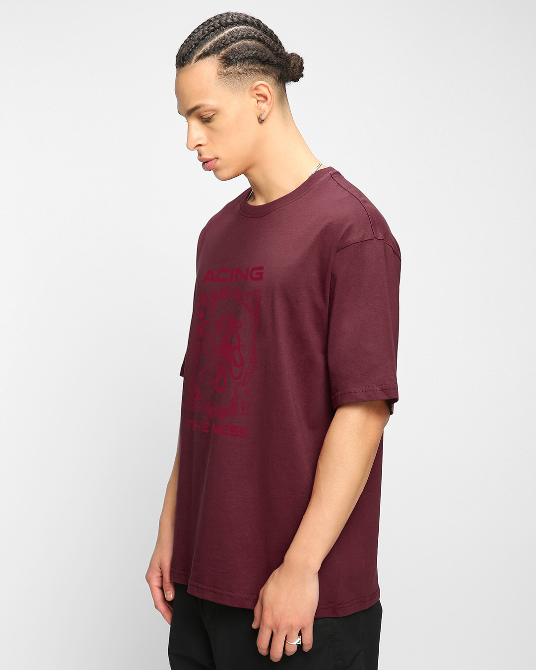 Shop Men's Maroon Aceing The Mess Graphic Printed Oversized T-shirt-Back