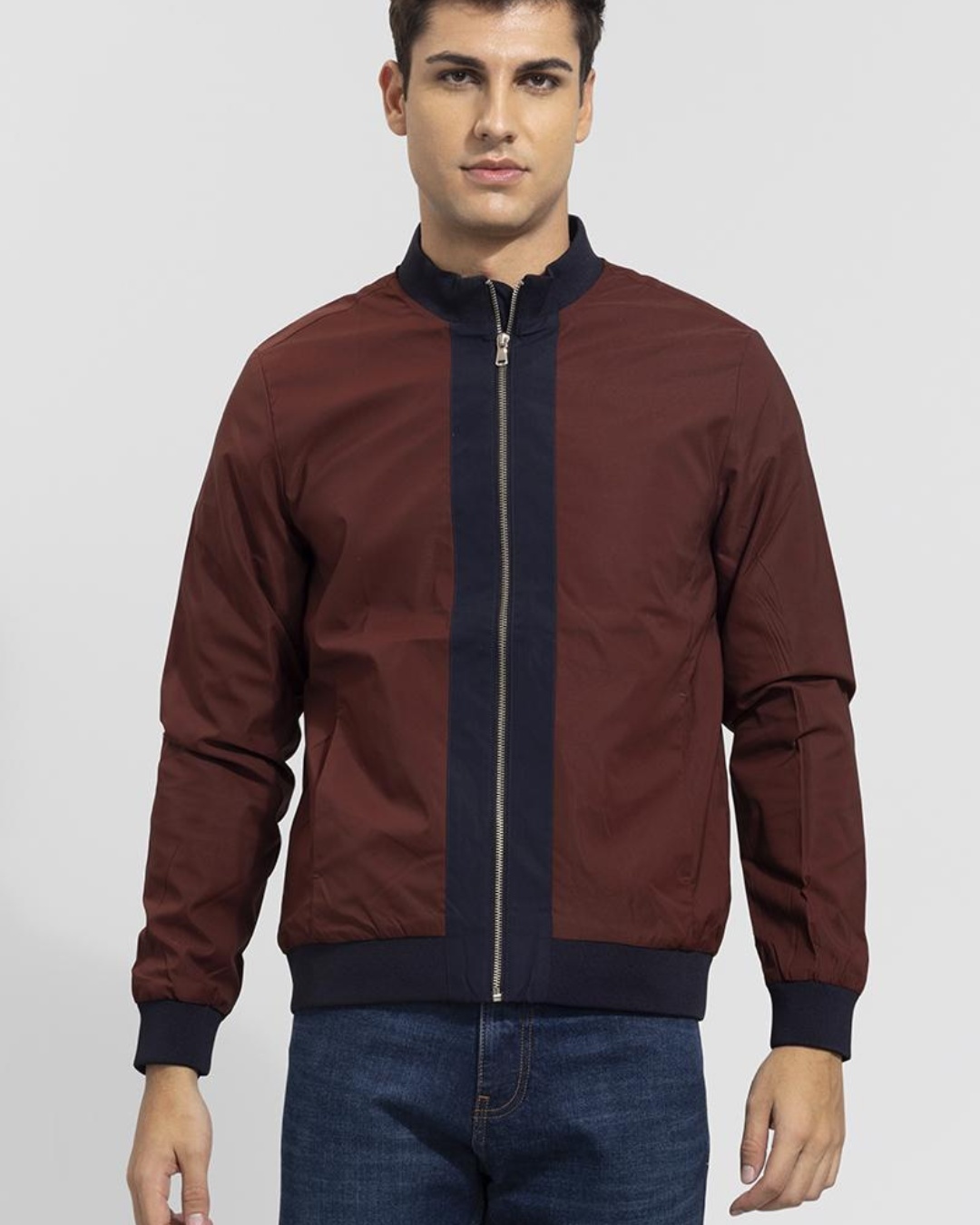 Buy Men's Maroon and Blue Color Block Slim Fit Jacket Online at Bewakoof