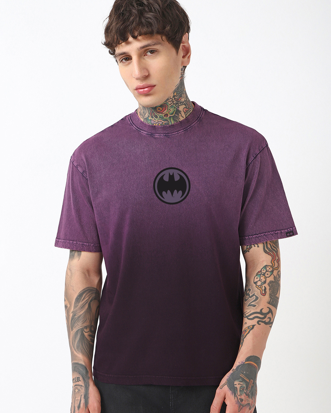 Shop Men's Wine Plum Purple Batman Graphic Printed Oversized Ombre Acid Wash T-shirt-Back