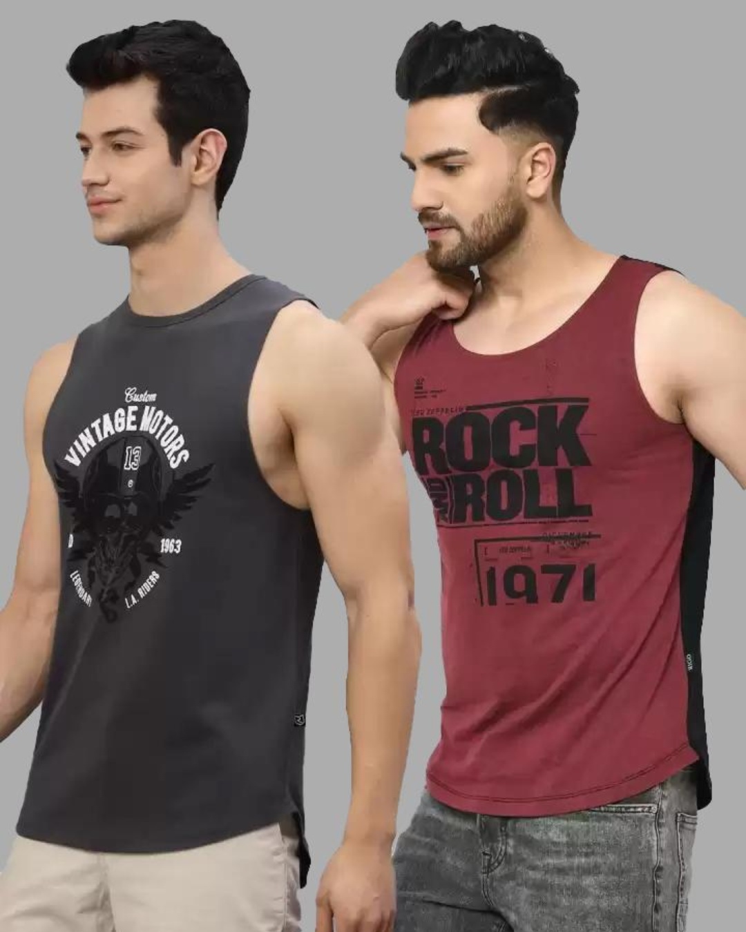 Shop Pack of 2 Men's Maroon & Grey Printed Slim Fit T-shirts-Back