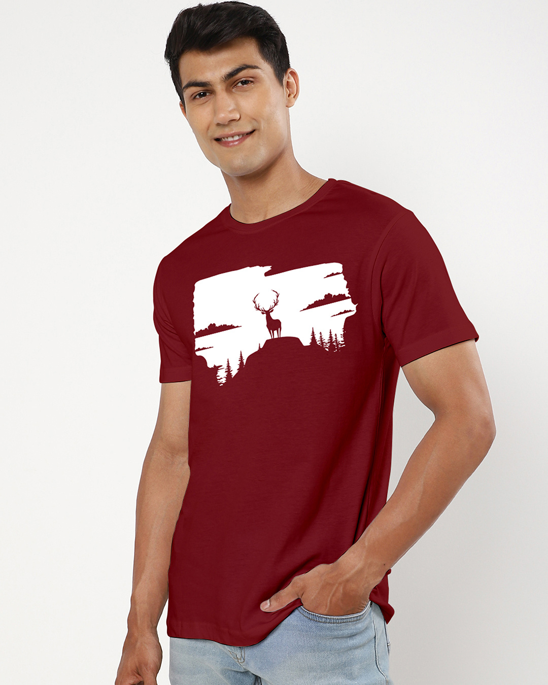 Shop Men's Maroon Mountain Deer Graphic Printed T-shirt-Back