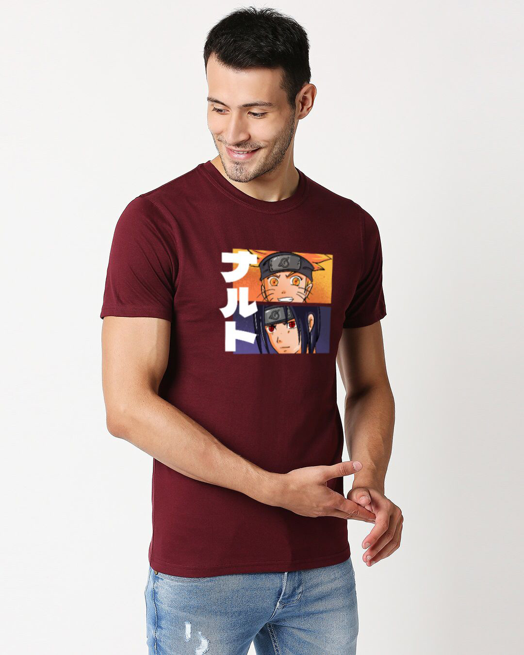 Shop Men's Maroon Naruto & Sasuke Graphic Printed Cotton T-shirt-Back