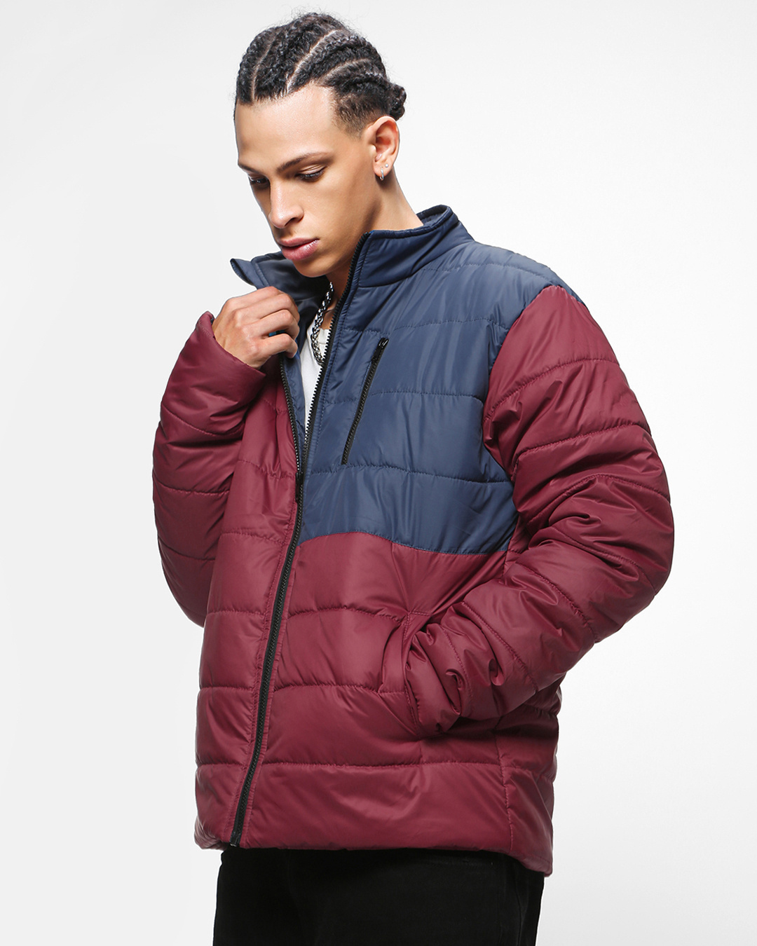 Buy Men's Maroon & Blue Color Block Oversized Puffer Jacket Online at ...