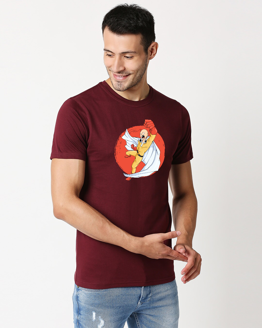Shop Men's Maroon Saitama Punch Printed T-shirt-Back