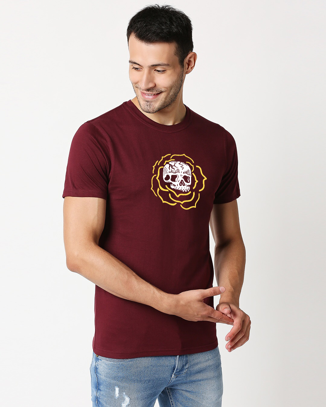 Shop Men's Maroon Skull Flower Printed T-shirt-Back