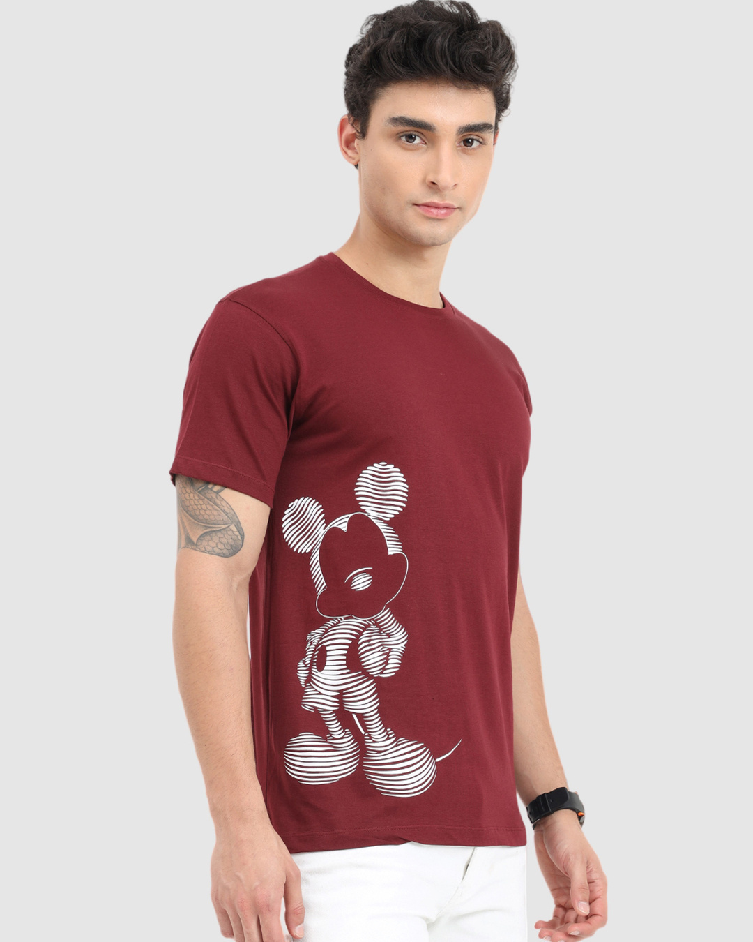 Shop Men's Maroon Stripe Effect Mickey Mouse Printed T-shirt-Back