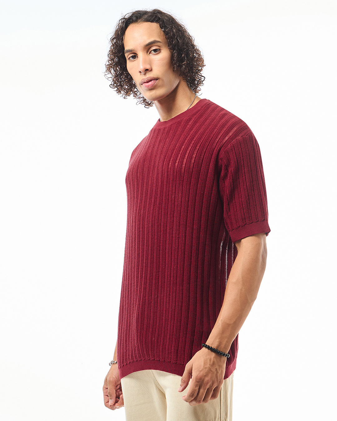 Shop Men's Maroon Textured Oversized T-shirt-Back