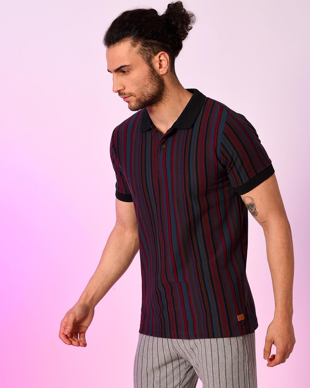 Shop Men's Maroon Striped Polo T-shirt-Back