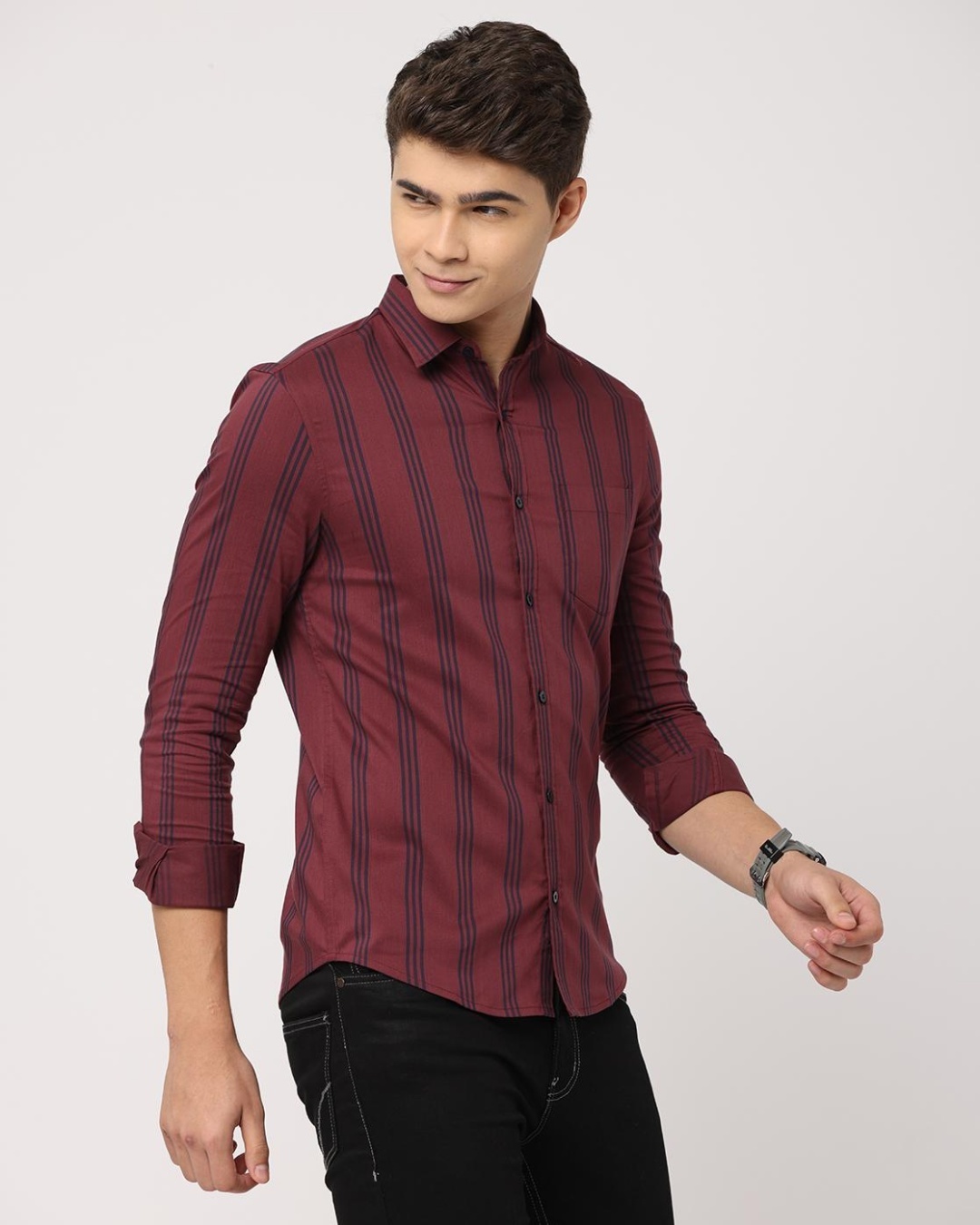 Shop Men's Maroon Striped Slim Fit Shirt-Back