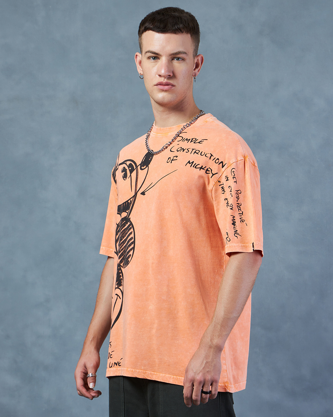 Shop Men's Orange Mickey Smiling Graphic Printed Oversized Acid Wash T-shirt-Back